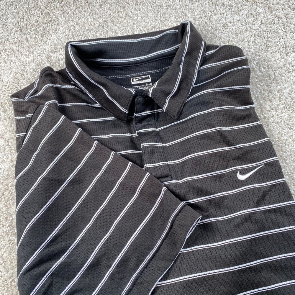 Nike Performance Mens Large Black‎ White Striped Golf Polo Shirt Short Sleeve